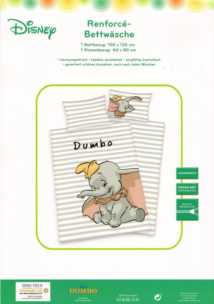 Disney Baby Bettwäsche Dumbo - 100 x 135 cm + 40 x 60 cm - Baumwolle - Renforcé